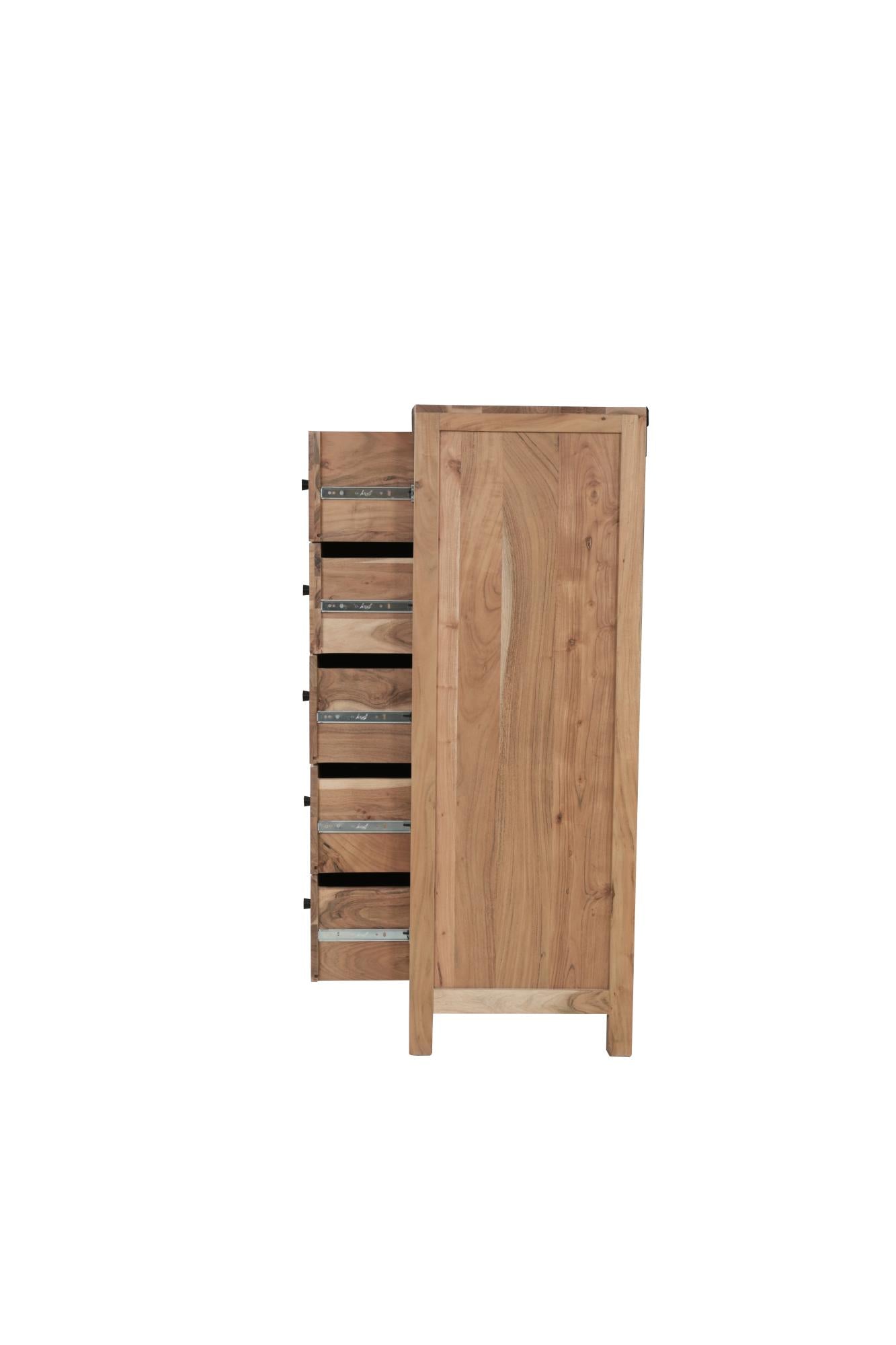 Natural wood five-drawer chest side view showing drawer edges and black knobs.