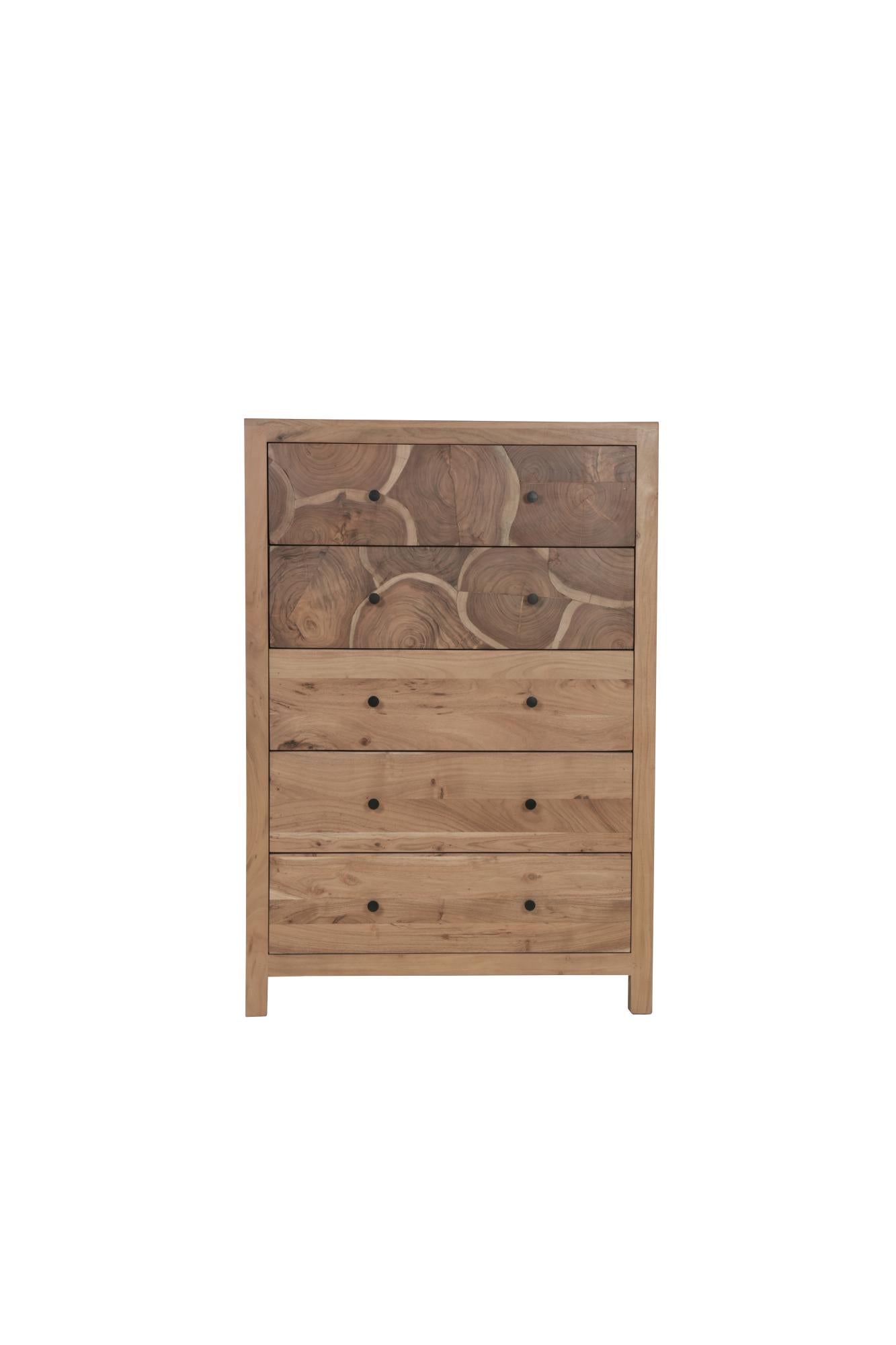 Natural wood five-drawer lingerie chest with black knobs and smooth drawer pulls.