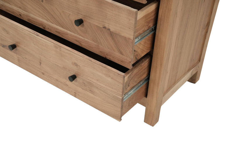 Natural wood five-drawer chest with drawer opening showing slide tracks and black knobs.