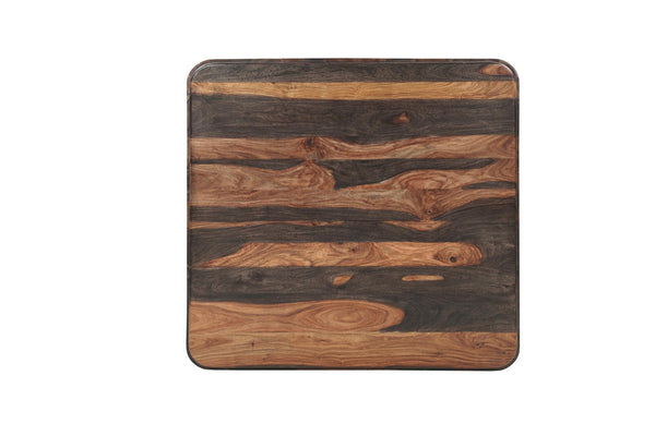 Square dark brown solid wood coffee table, rounded edges, striped wood-grain top.
