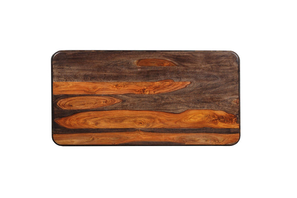 Dark brown solid wood coffee table with rounded rectangular top and visible wood grain