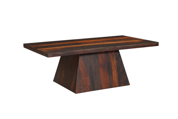 Dark brown solid wood pedestal coffee table with rectangular tabletop and flared base
