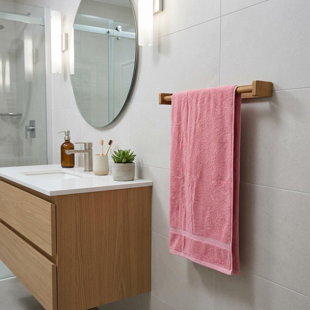 Solid wood towel bar mounted on wall with pink towel hanging