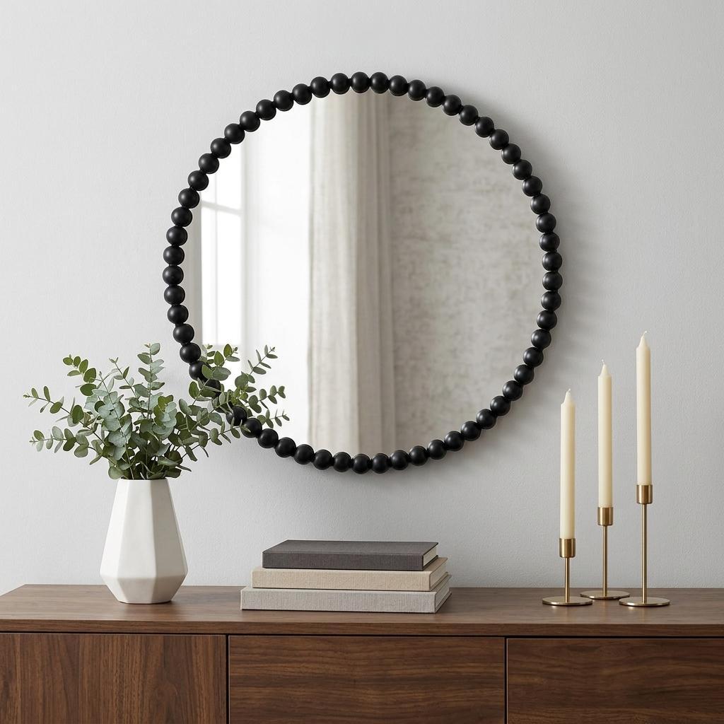 32" Black Iron Beaded Round Framed Accent Mirror - Bed & Bath