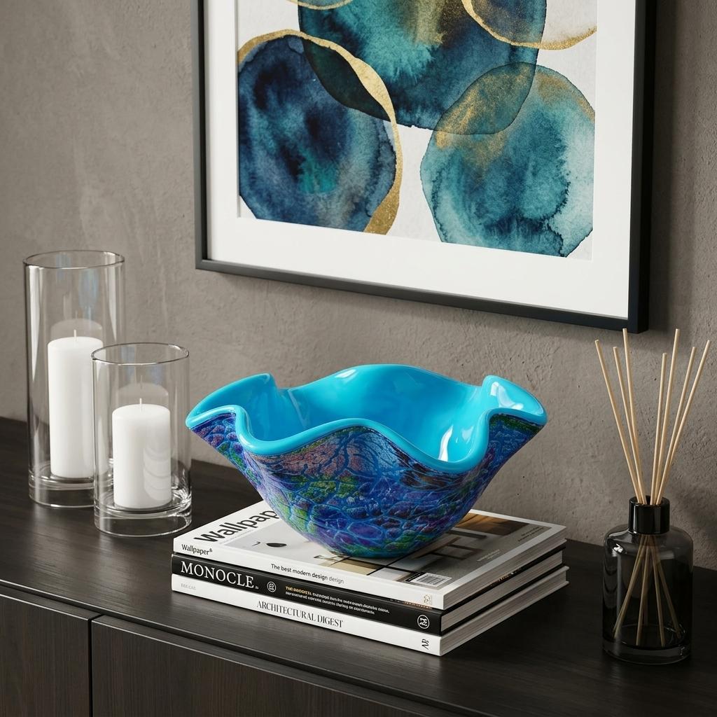 9" Modern Blue And Green Glass Centerpiece Bowl - Kitchen & Dining