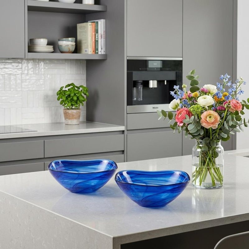 Set Of Two Modern Soft Square Blue Swirl Glass Bowls - Kitchen & Dining