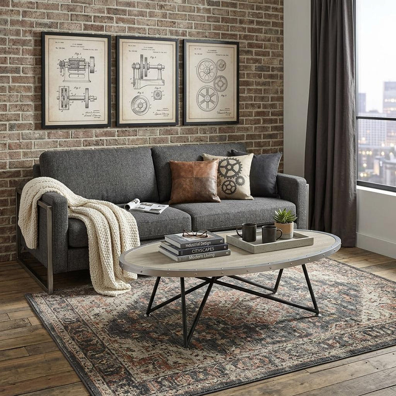 46" Gray and Black Wood and Iron Oval Coffee Table - Living Room
