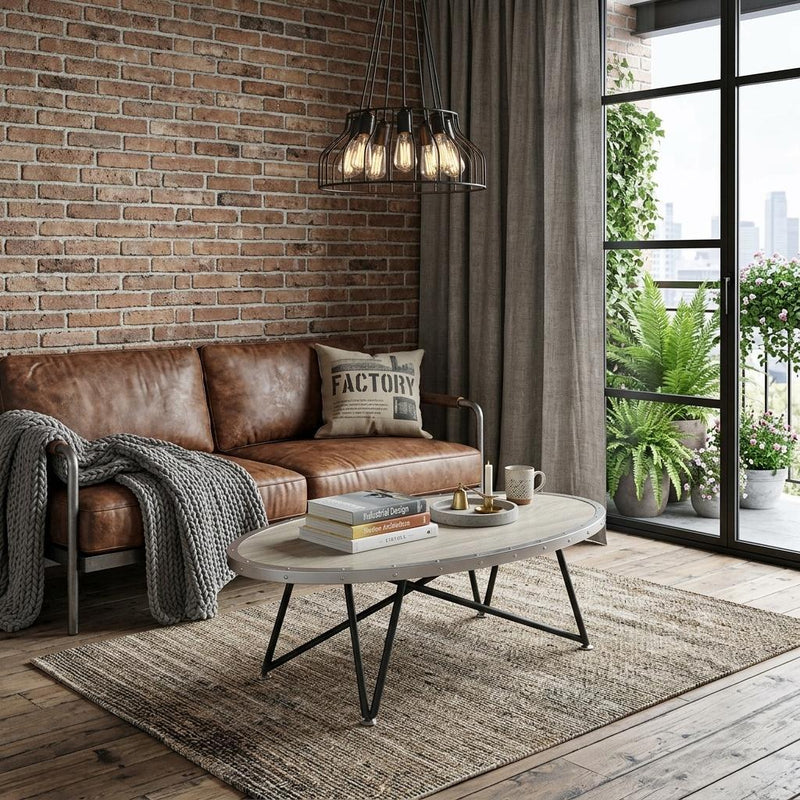 46" Gray and Black Wood and Iron Oval Coffee Table - Living Room