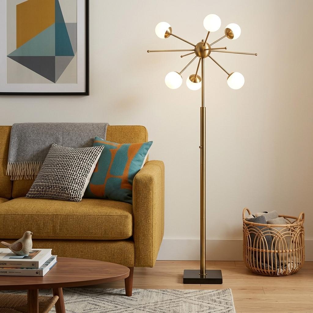 64" Brass Six Light LED Novelty Floor Lamp With White Glass Globe Shades - Lighting