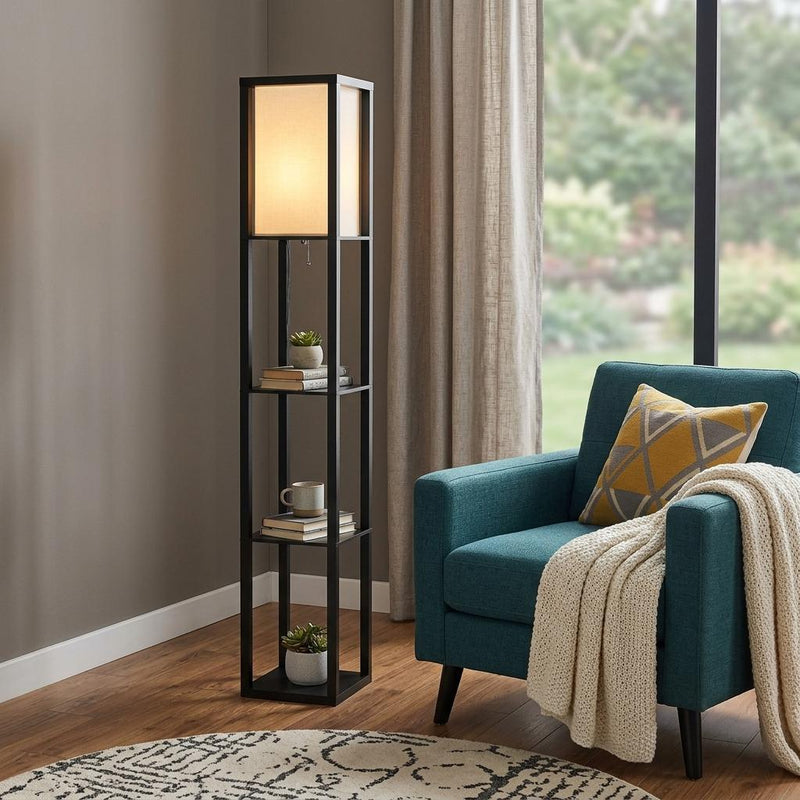 72" Black And White Solid Wood Column With White Cotton Shade - Lighting