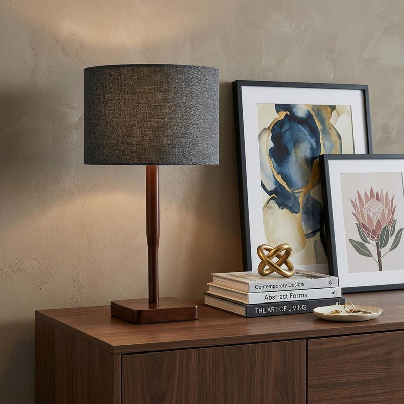 21" Brown Solid Wood Table Lamp With Dark Gray Drum Shade - Lighting