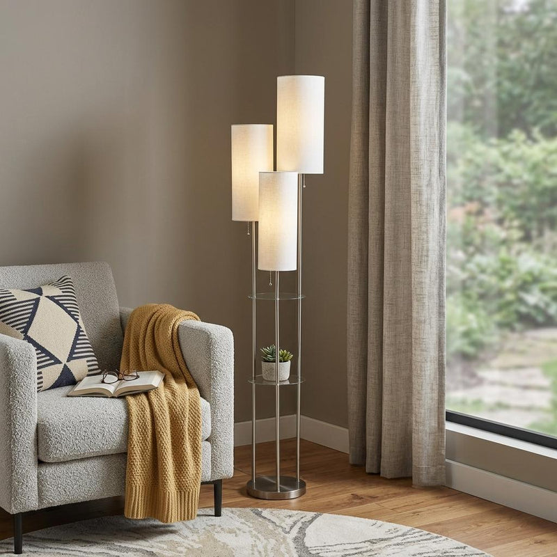 68" Silver Three Light Novelty Floor Lamp With White Linen Cylinder Shade - Lighting