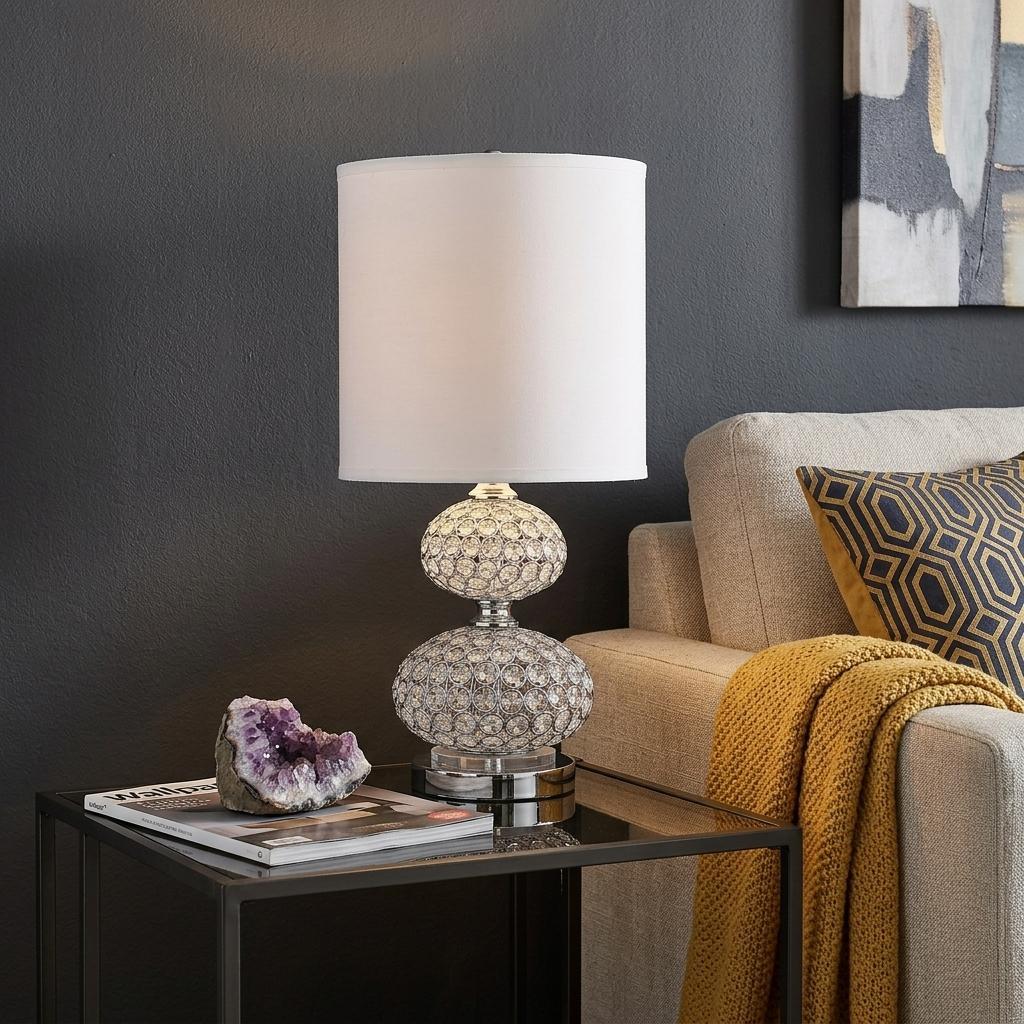 24" Chrome and Faux Crystal Double Orb Table Lamp With White Classic Drum Shade - Lighting