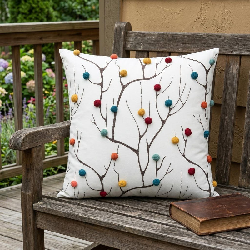 20" White And Black Coral Indoor Outdoor Throw Pillow With Pompoms - Outdoor