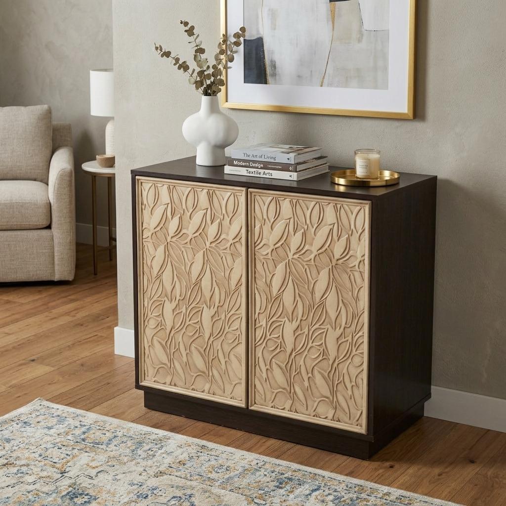 32" Dark Brown And Natural Carved Floral Sideboard with Two Doors - Kitchen & Dining