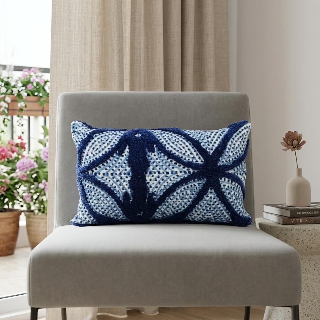 14" X 24" Blue And Light Blue Zippered Cotton Blend Trellis Throw Pillow - Home Decor