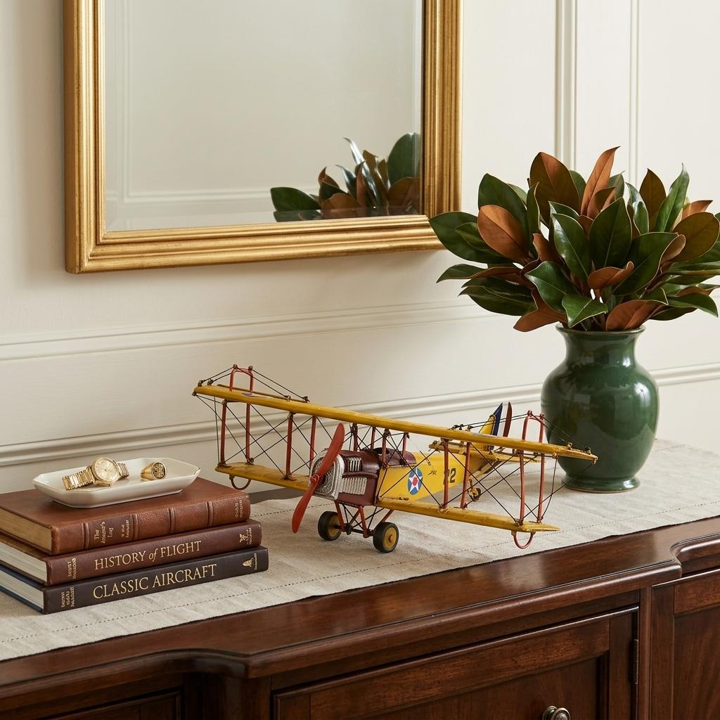 4" Yellow Metal Hand Painted Model Airplane Tabletop Sculpture - Home Decor