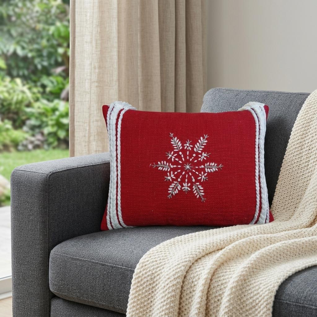 14" X 20" Red Zippered Cotton Blend Christmas Snowflakes Throw Pillow With Embroidery - Home Decor