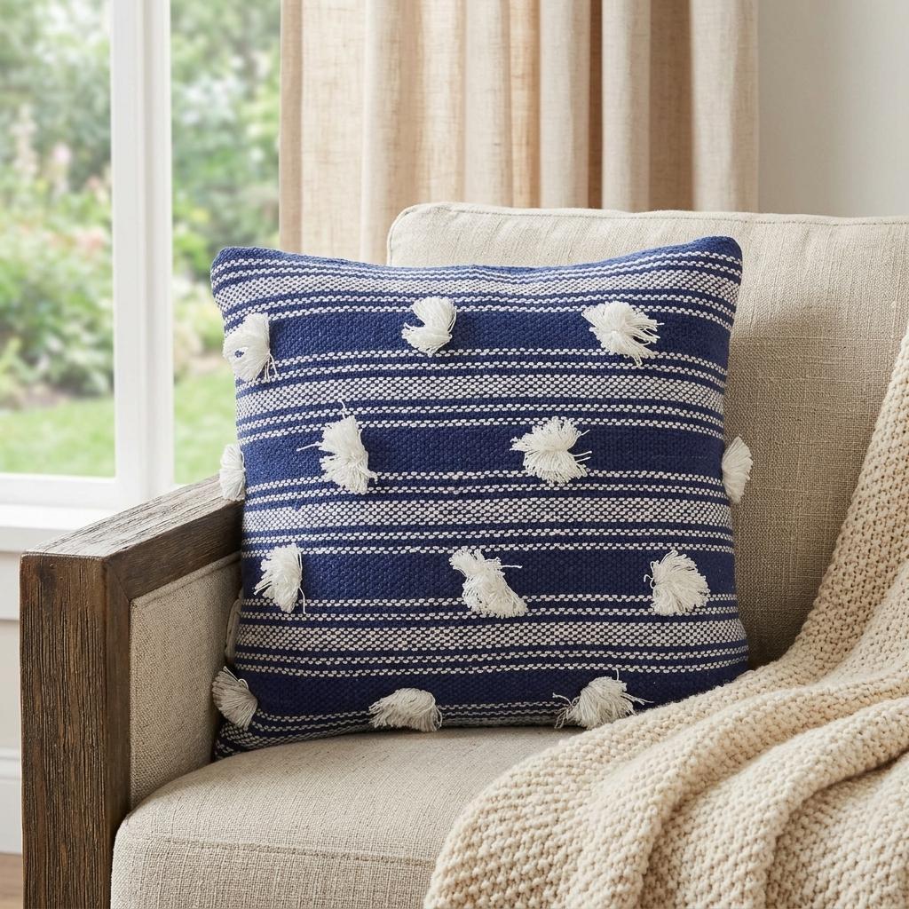 20" X 20" Navy and White Striped Textural Throw Pillow With Pom Poms - Home Decor