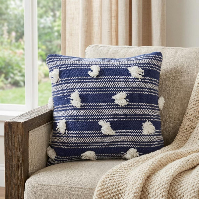 20" X 20" Navy and White Striped Textural Throw Pillow With Pom Poms - Home Decor