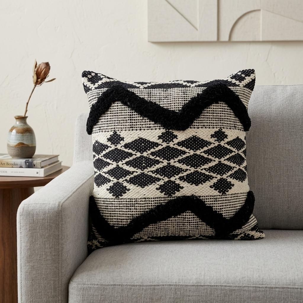 20" X 20" Black and White Chevron Textural Cotton Blend Throw Pillow - Home Decor