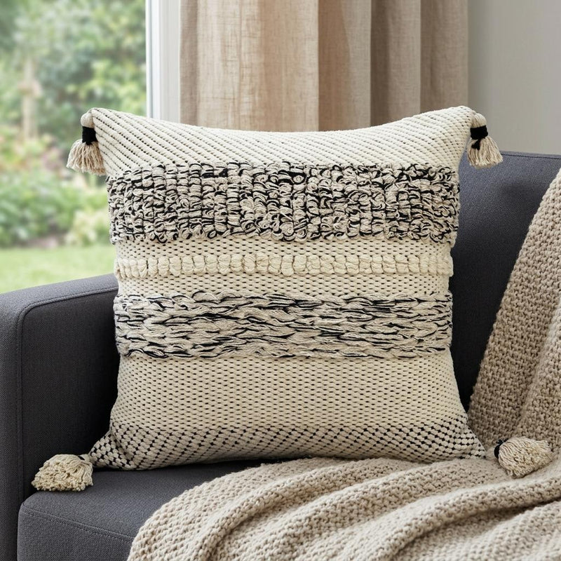 22" X 22" White And Black Zippered Cotton Blend Ribbed Throw Pillow With Tassels - Home Decor