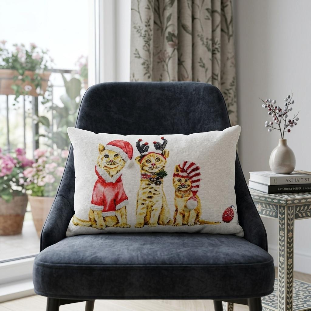 14" X 20" White And Red Cat Zippered Cotton Blend Christmas Throw Pillow - Home Decor
