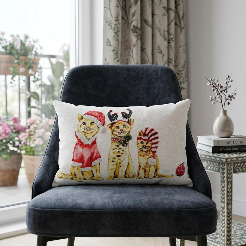 14" X 20" White And Red Cat Zippered Cotton Blend Christmas Throw Pillow - Home Decor