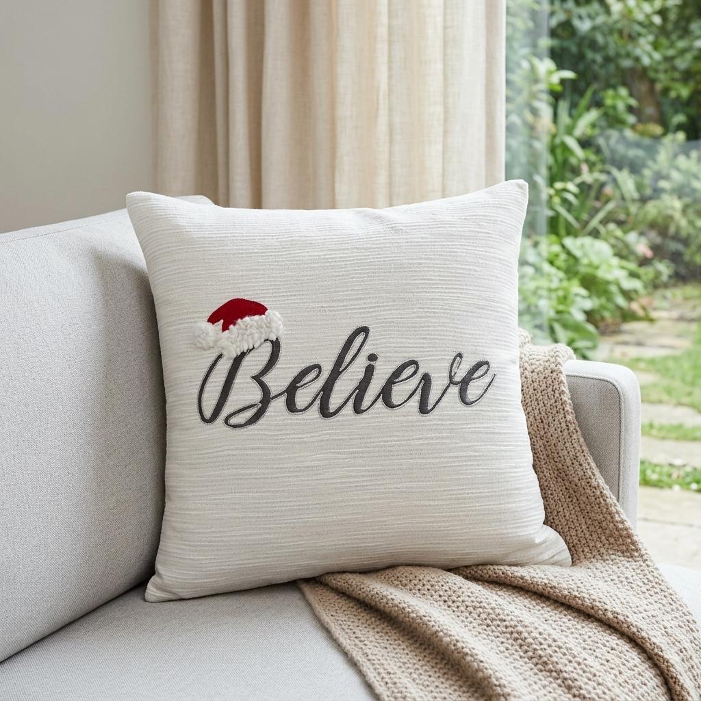 20" X 20" White Cotton Blend Believe Christmas Throw Pillow - Home Decor
