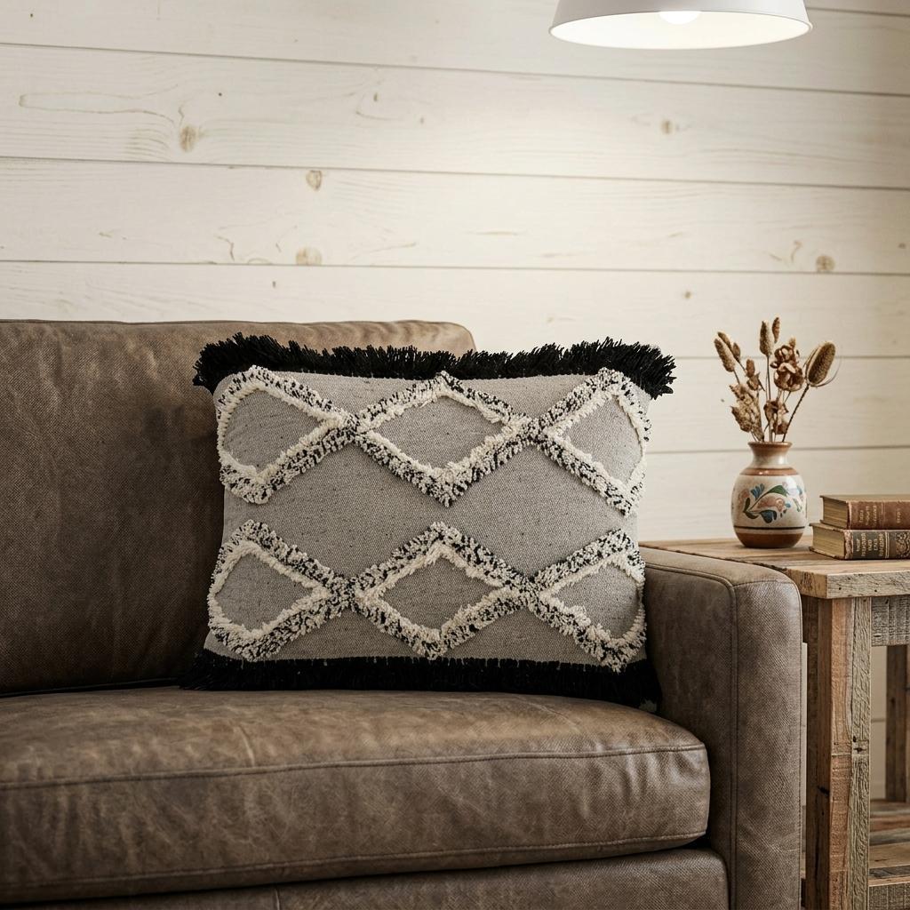 16" X 22" Black And Gray Diamond Handmade Cotton Blend Throw Pillow With Fringe - Home Decor