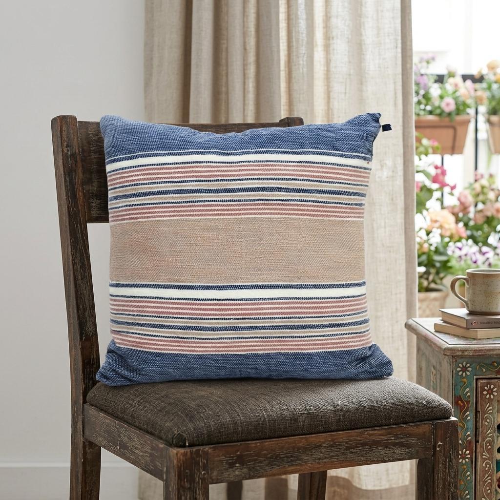 22" X 22" Blue And Tan Striped Handmade Throw Pillow With Tassels - Home Decor