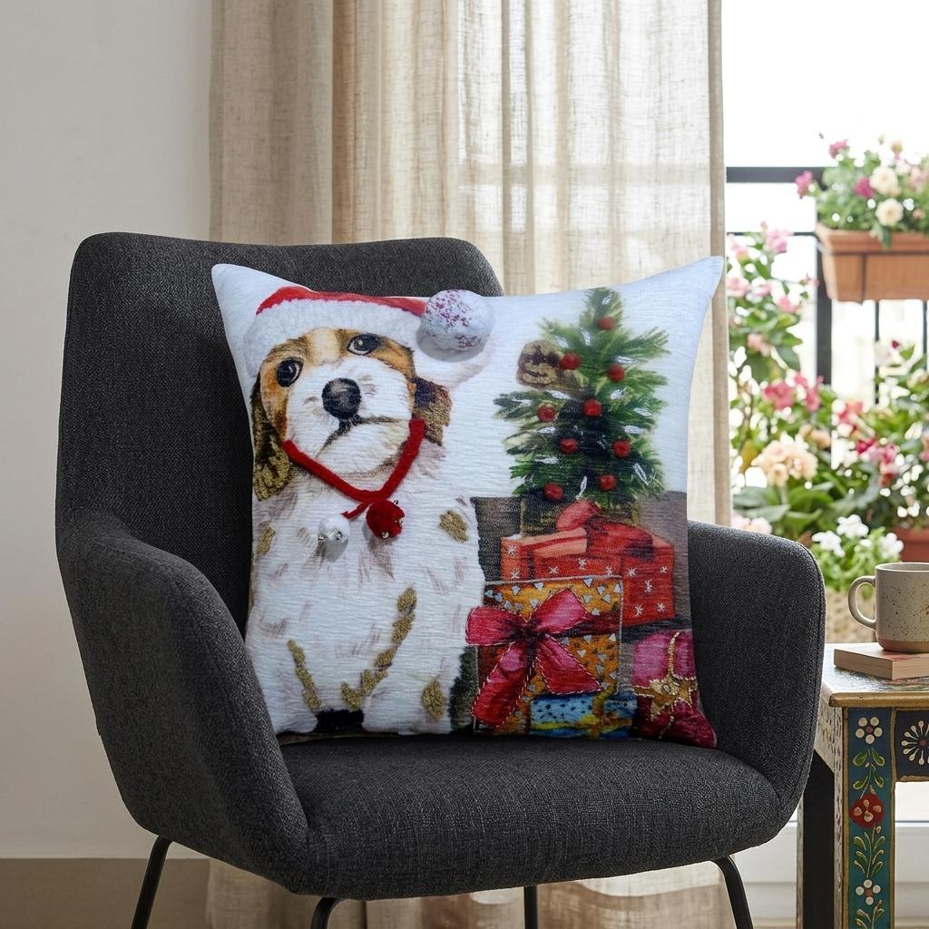 20" X 20" Red And White Dog Zippered Handmade Cotton Blend Christmas Throw Pillow With Pom Poms - Home Decor