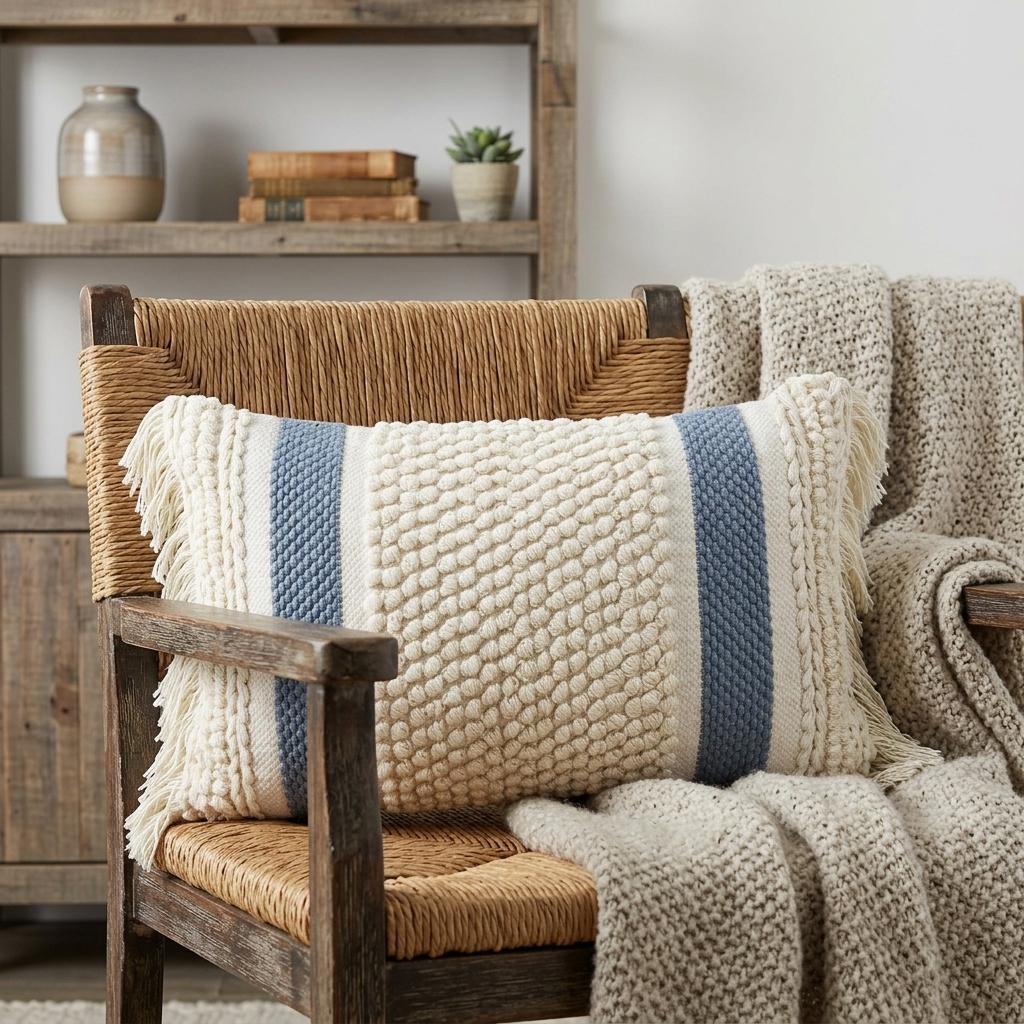 14" X 24" Cream And Light Blue Handmade Nubby Texture Throw Pillow With Fringe - Home Decor