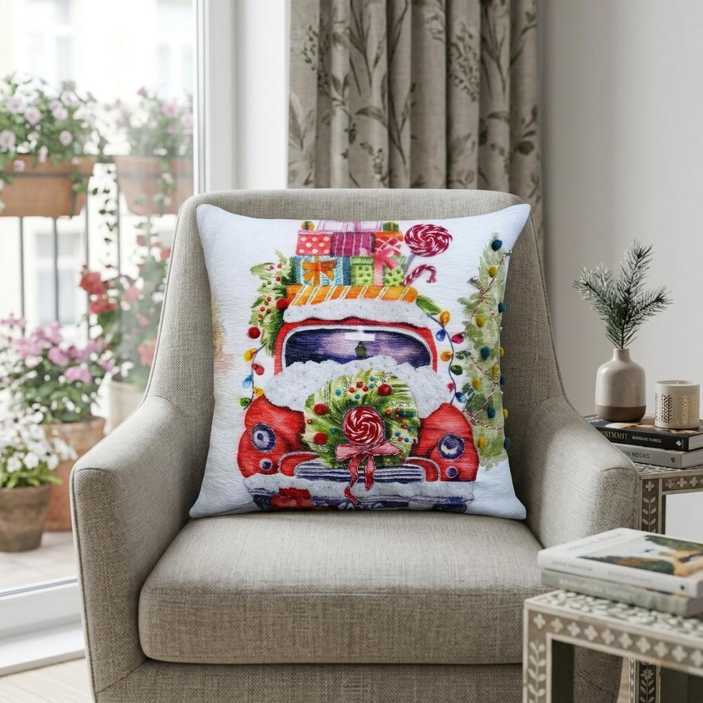 20" X 20" Green And Red Zippered Handmade Cotton Blend Christmas Holiday Van Throw Pillow With Pom Poms - Home Decor