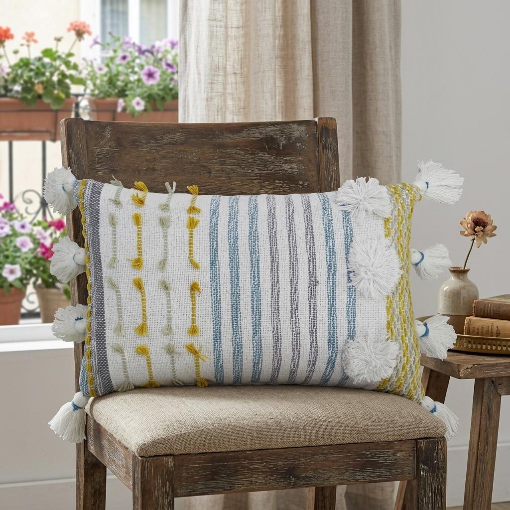 14" X 20" Blue and Yellow Striped Cotton Blend Zippered Pillow With Tassels - Home Decor