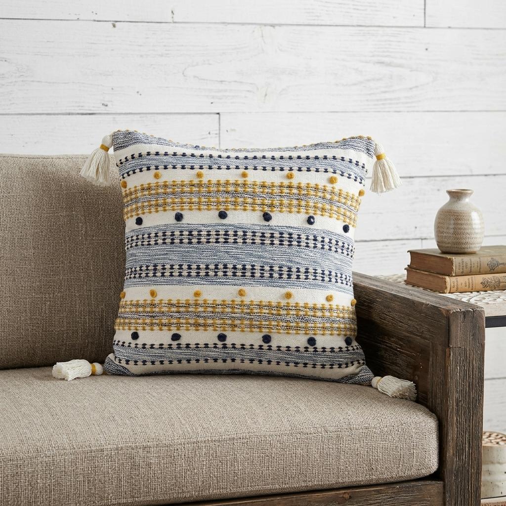 20" X 20" Blue And Gold Striped Handmade Throw Pillow With Tassels - Home Decor