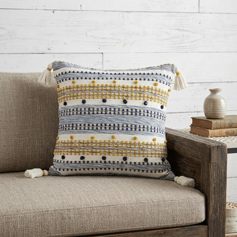 20" X 20" Blue And Gold Striped Handmade Throw Pillow With Tassels - Home Decor