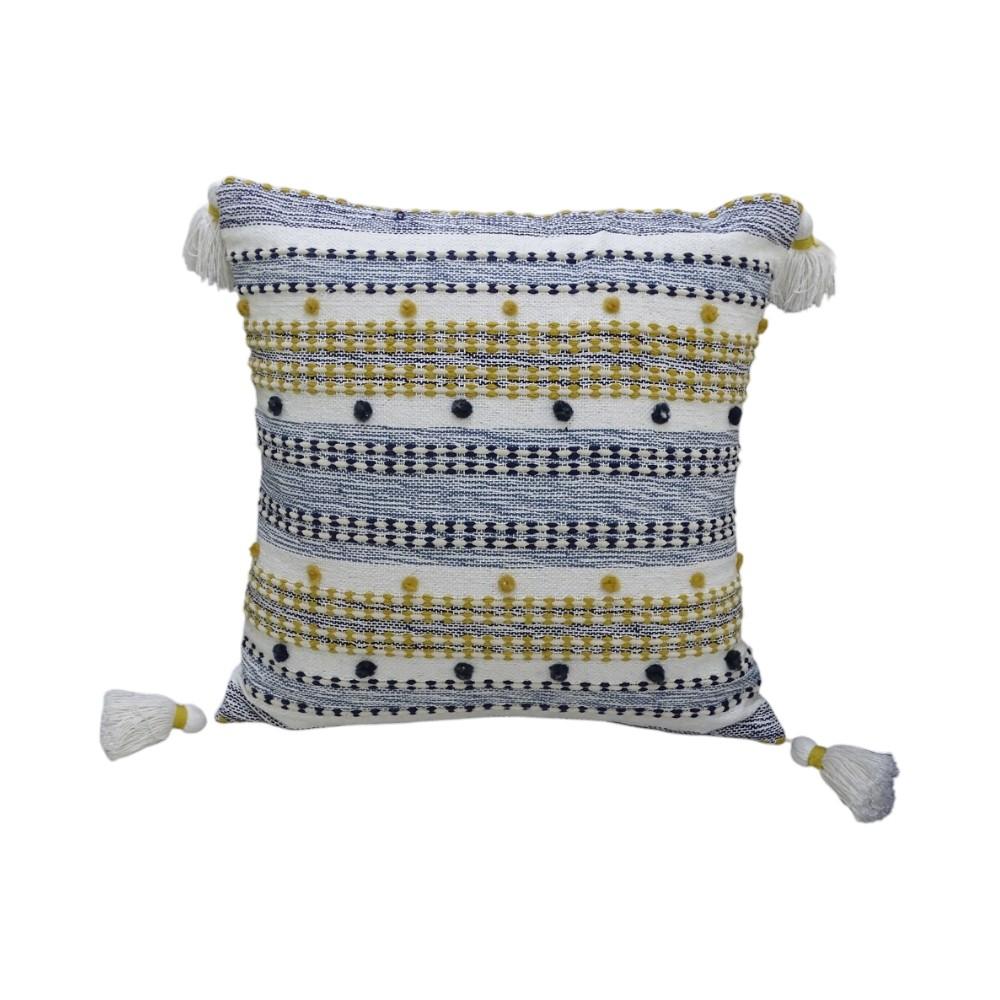 20" X 20" Blue And Gold Striped Handmade Throw Pillow With Tassels - Home Decor