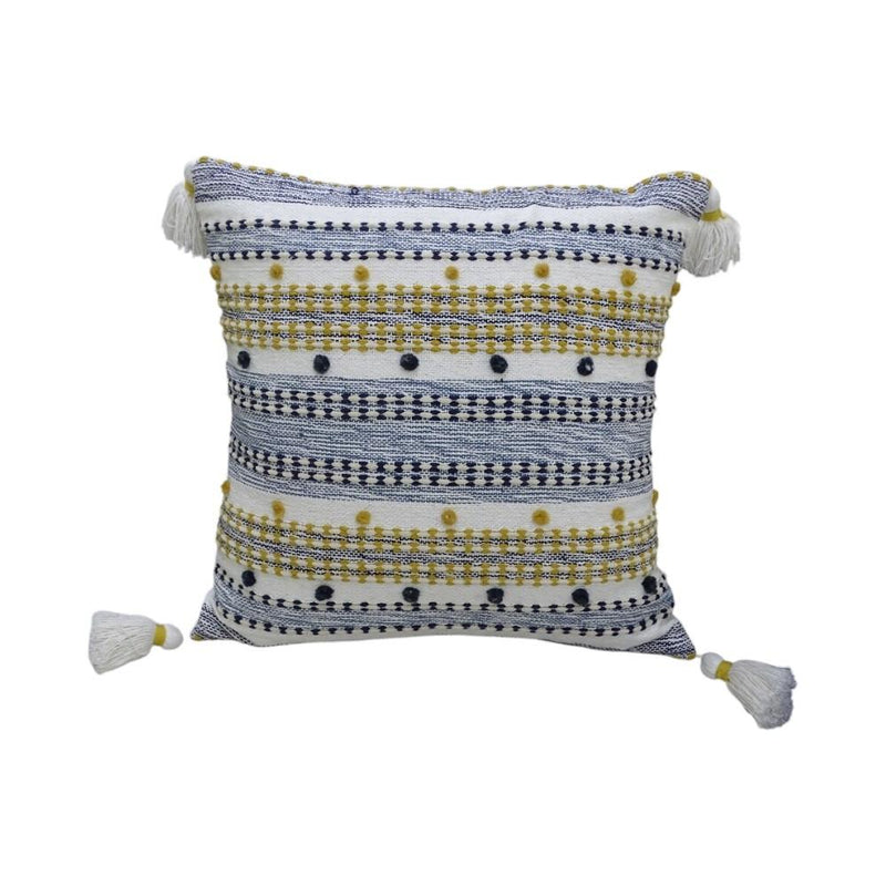 20" X 20" Blue And Gold Striped Handmade Throw Pillow With Tassels - Home Decor