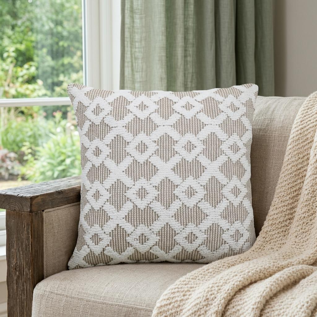 20" X 20" White And Beige Trellis Zippered Cotton Blend Throw Pillow - Home Decor