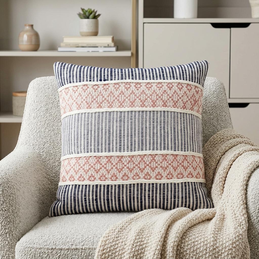 22" X 22" Blue And Peach Trellis Zippered Cotton Blend Throw Pillow With Embroidery - Home Decor