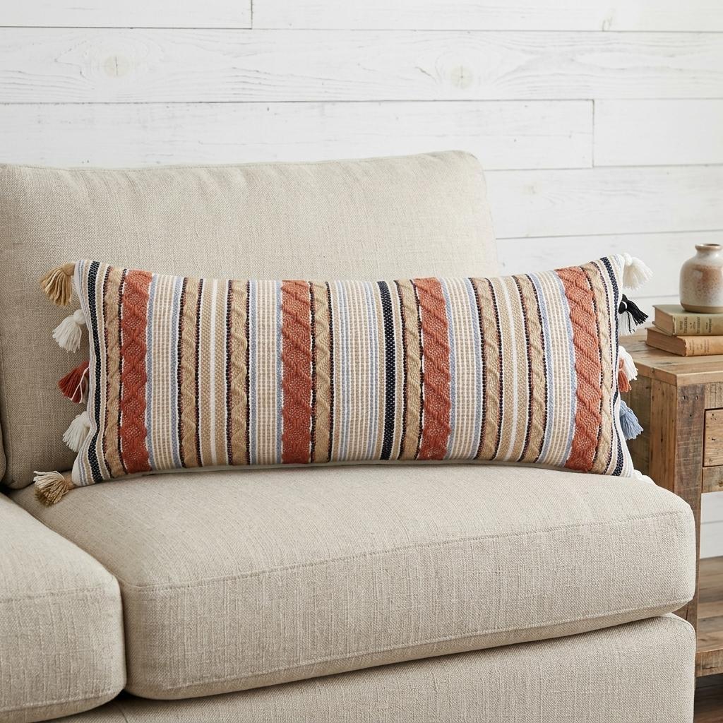 14" X 40" Tan And Beige Trellis Zippered Handmade Cotton Blend Throw Pillow With Tassels - Home Decor