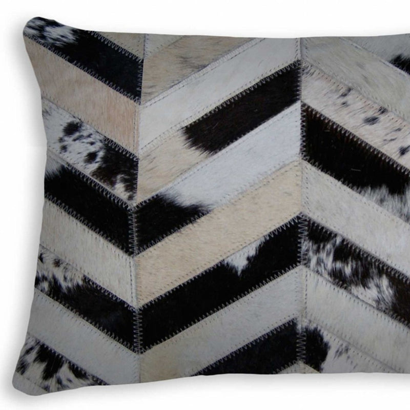 12" X 20" Black Brown and Off White Chevron Cowhide Throw Pillow - Home Decor