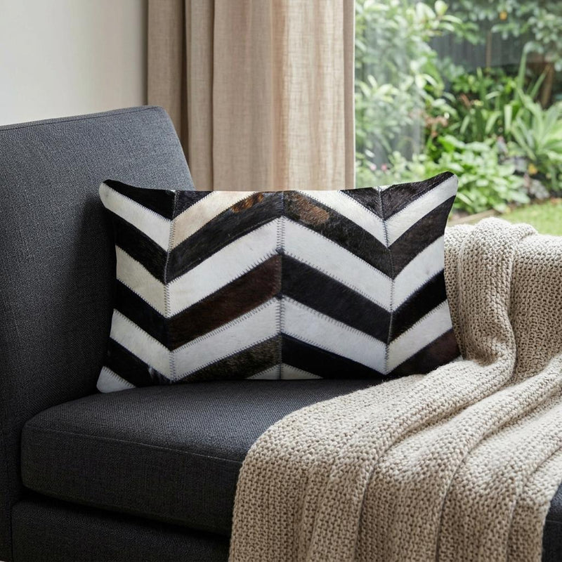 12" X 20" Chocolate Brown and Off White Chevron Cowhide Throw Pillow - Home Decor