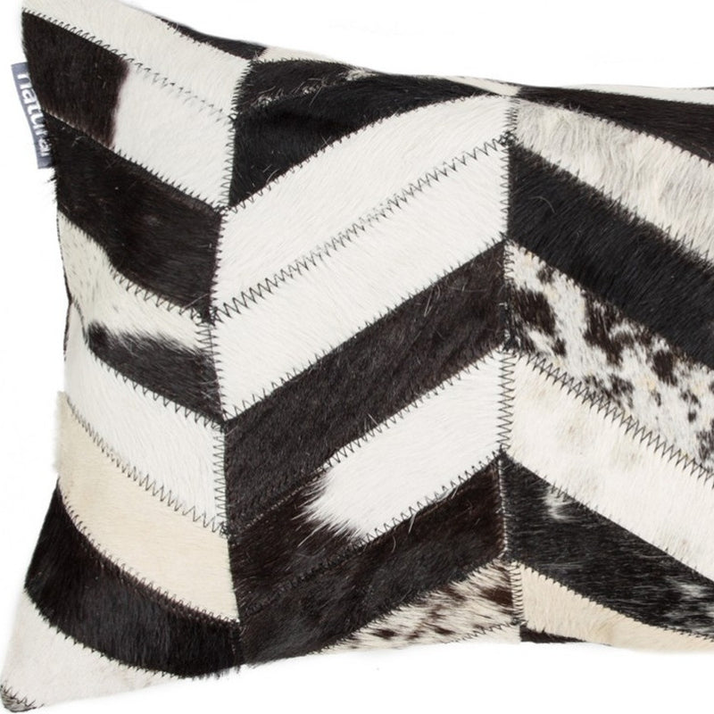 12" X 20" Black and Off White Chevron Cowhide Throw Pillow - Home Decor
