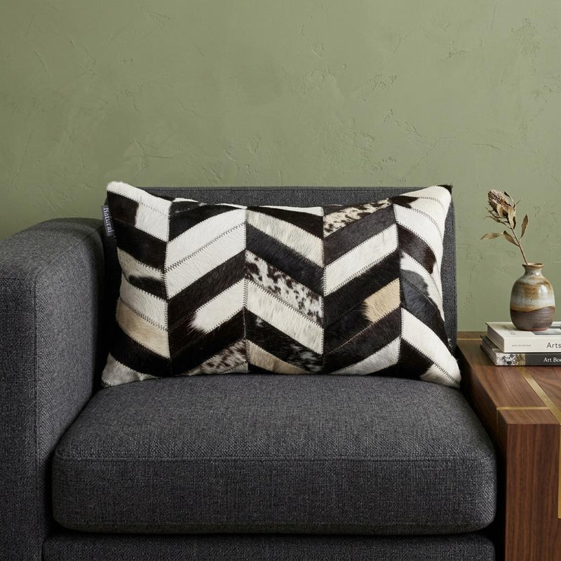 12" X 20" Black and Off White Chevron Cowhide Throw Pillow - Home Decor