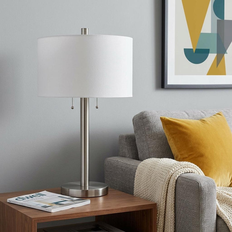 28" Silver Metal Two Light Bedside Table Lamp With White Drum Shade - Lighting