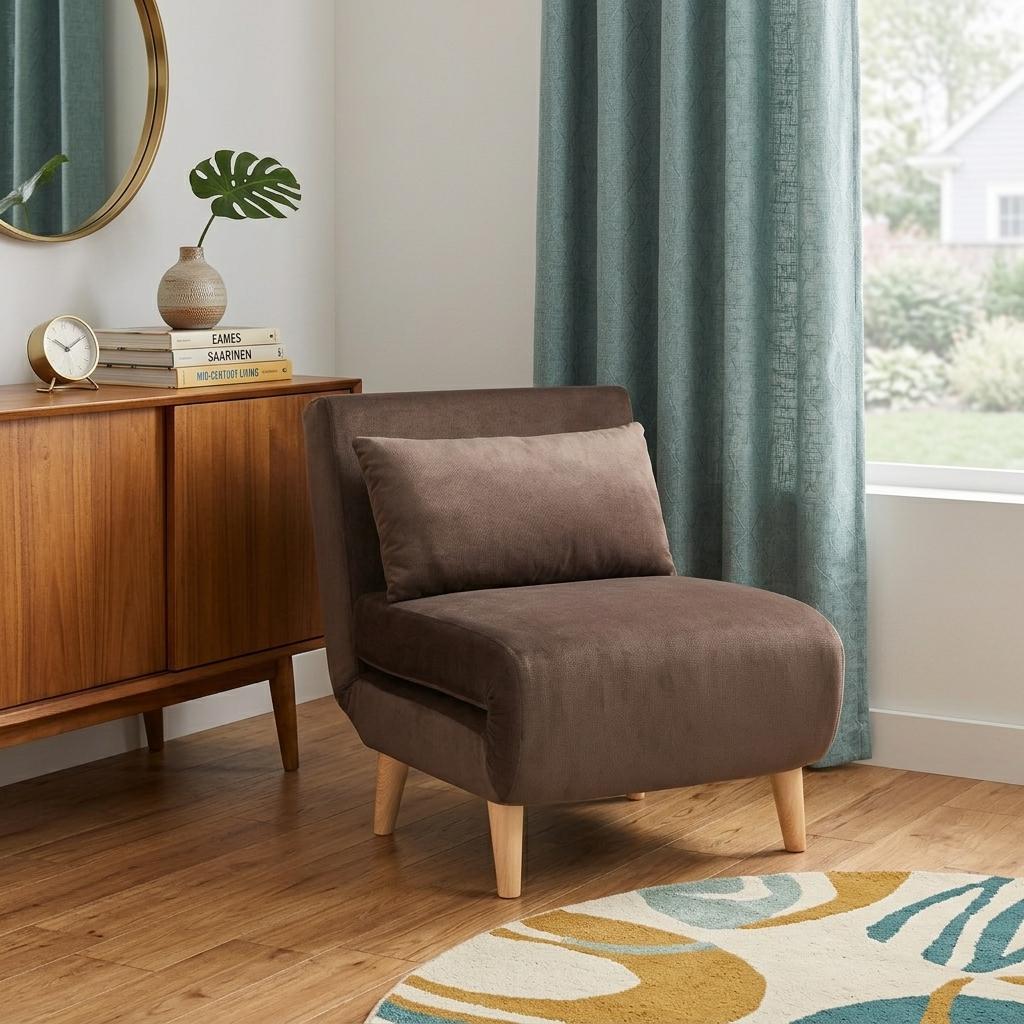 27" Brown and Natural Upholstered Convertible Chair And Toss Pillow - Living Room