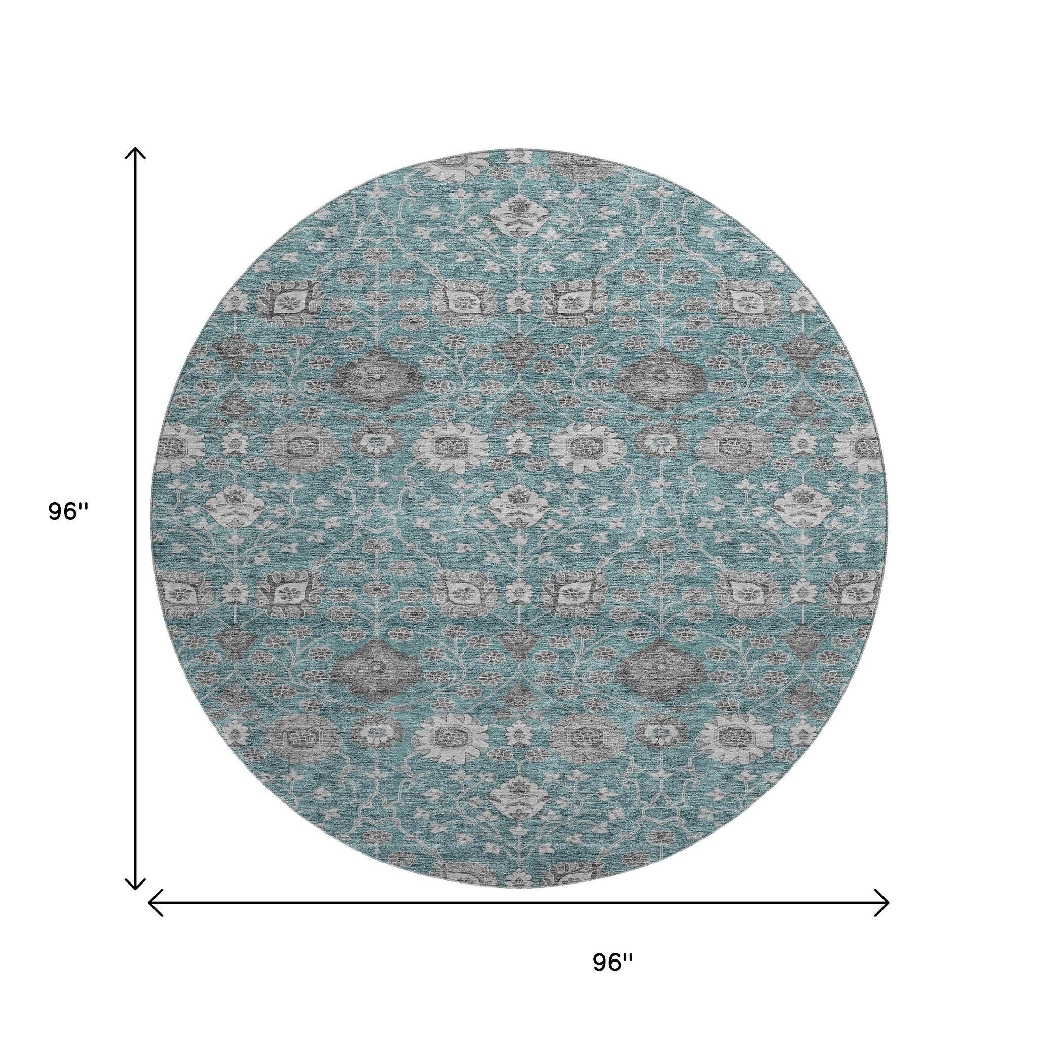 8' Teal Gray And Silver Floral Washable Round Rug With UV Protection - Home & Garden