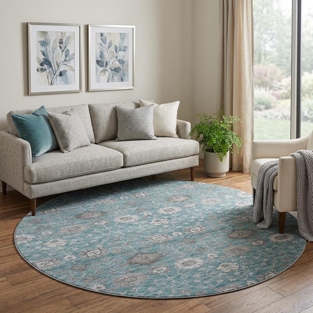 8' Teal Gray And Silver Floral Washable Round Rug With UV Protection - Home & Garden